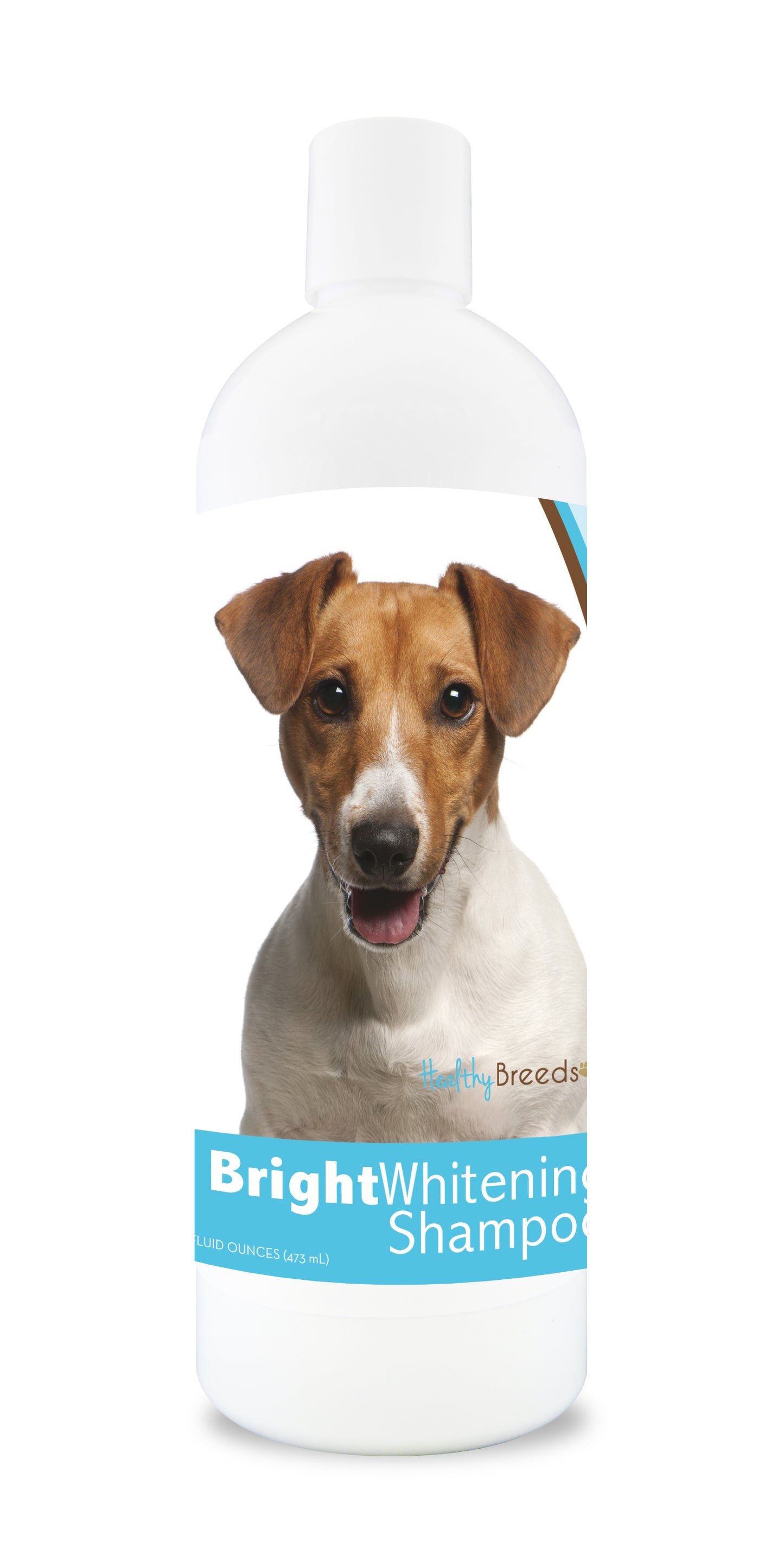 Bottle of bright whitening shampoo featuring a smiling dog's face on the label.