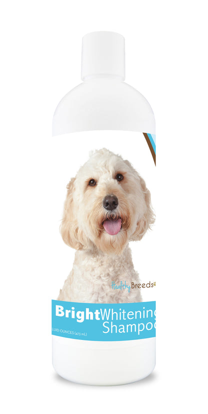 Bottle of bright whitening shampoo featuring a smiling dog on the label.