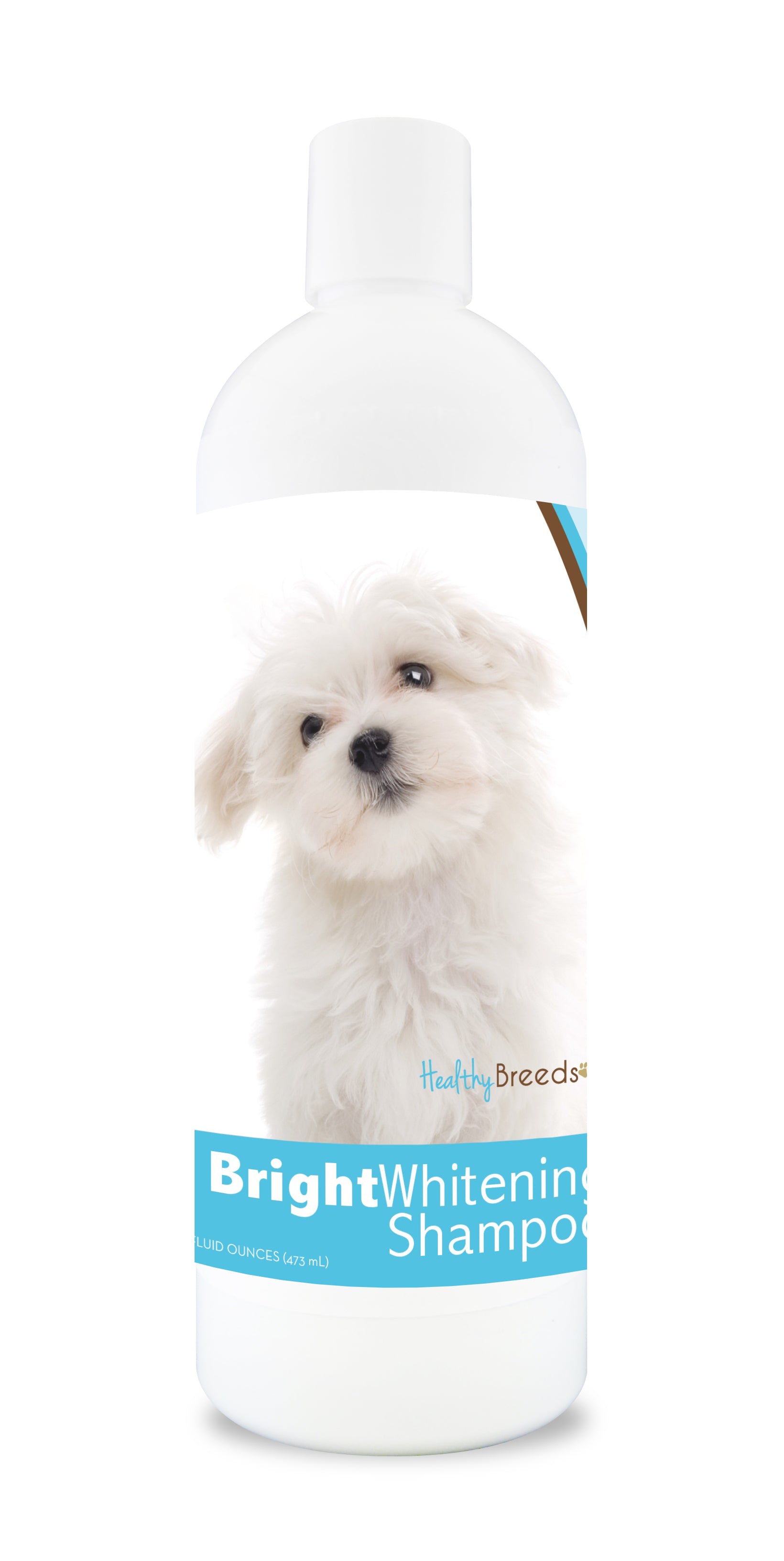 Bottle of bright whitening shampoo featuring a maltese dog's face on the label.