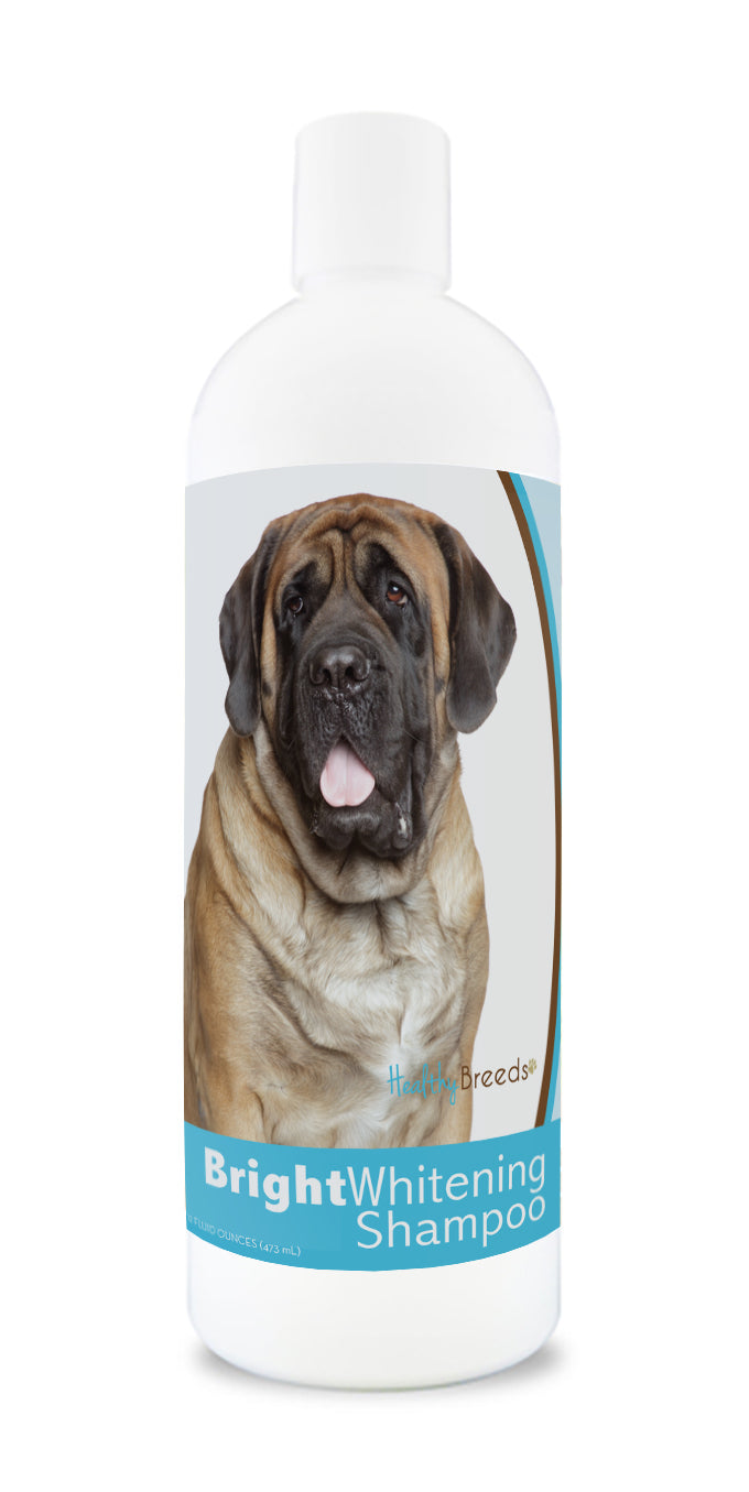 Bottle of bright whitening shampoo featuring a smiling dog's face on the label.