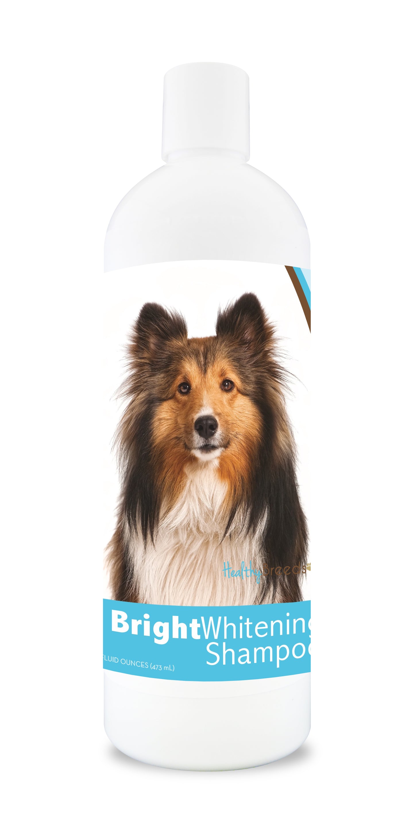 Bottle of bright whitening shampoo featuring a smiling dog's face on the label.