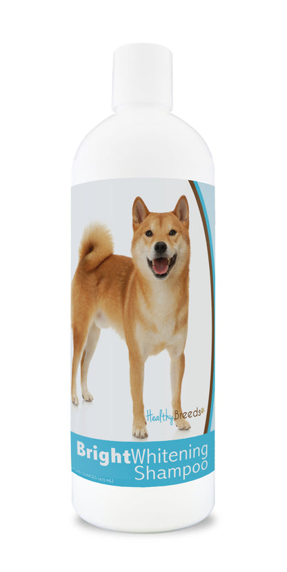 Bottle of bright whitening shampoo featuring a smiling dog on the label.