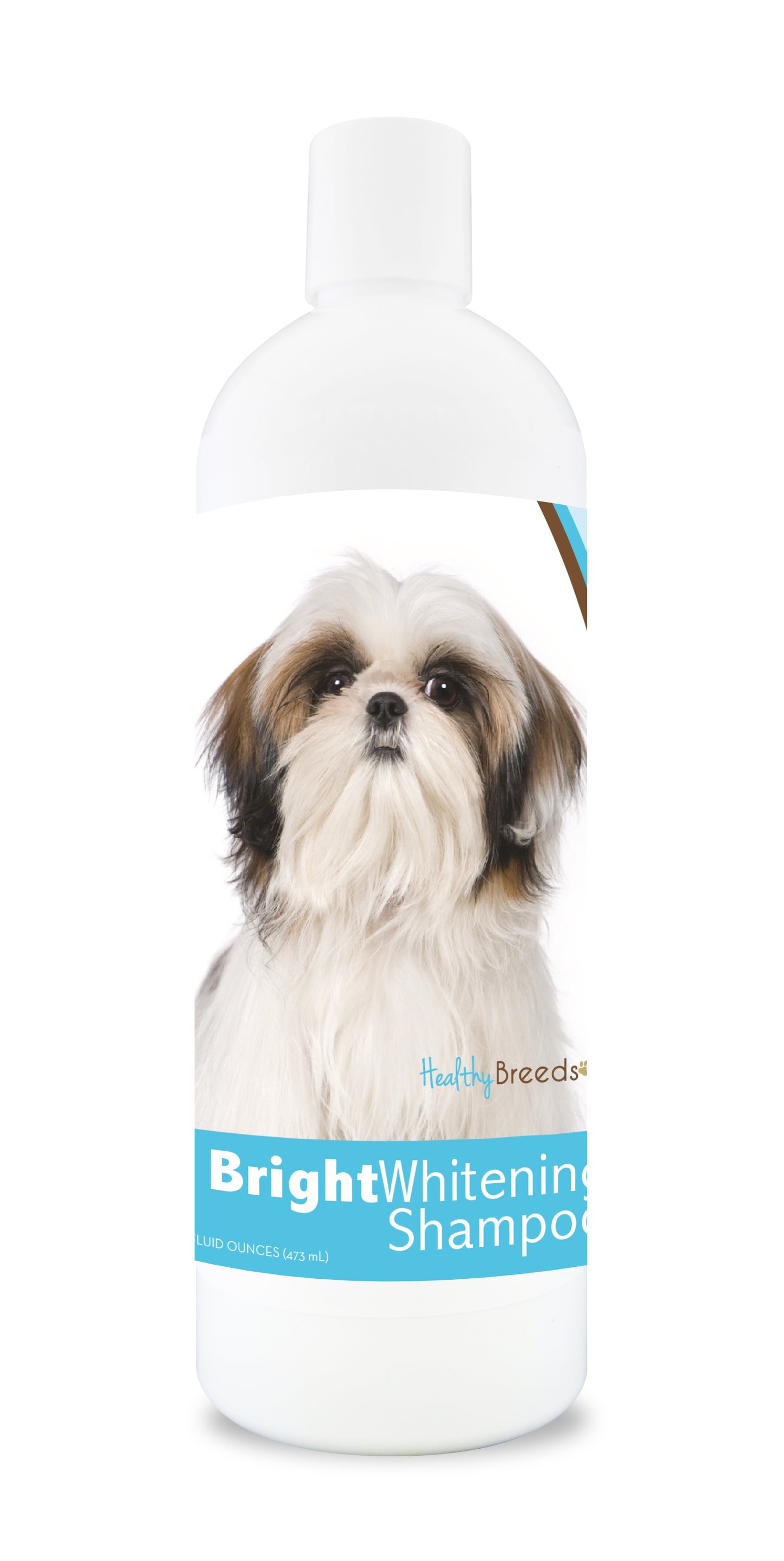Bottle of bright whitening shampoo featuring a shih tzu on the label.