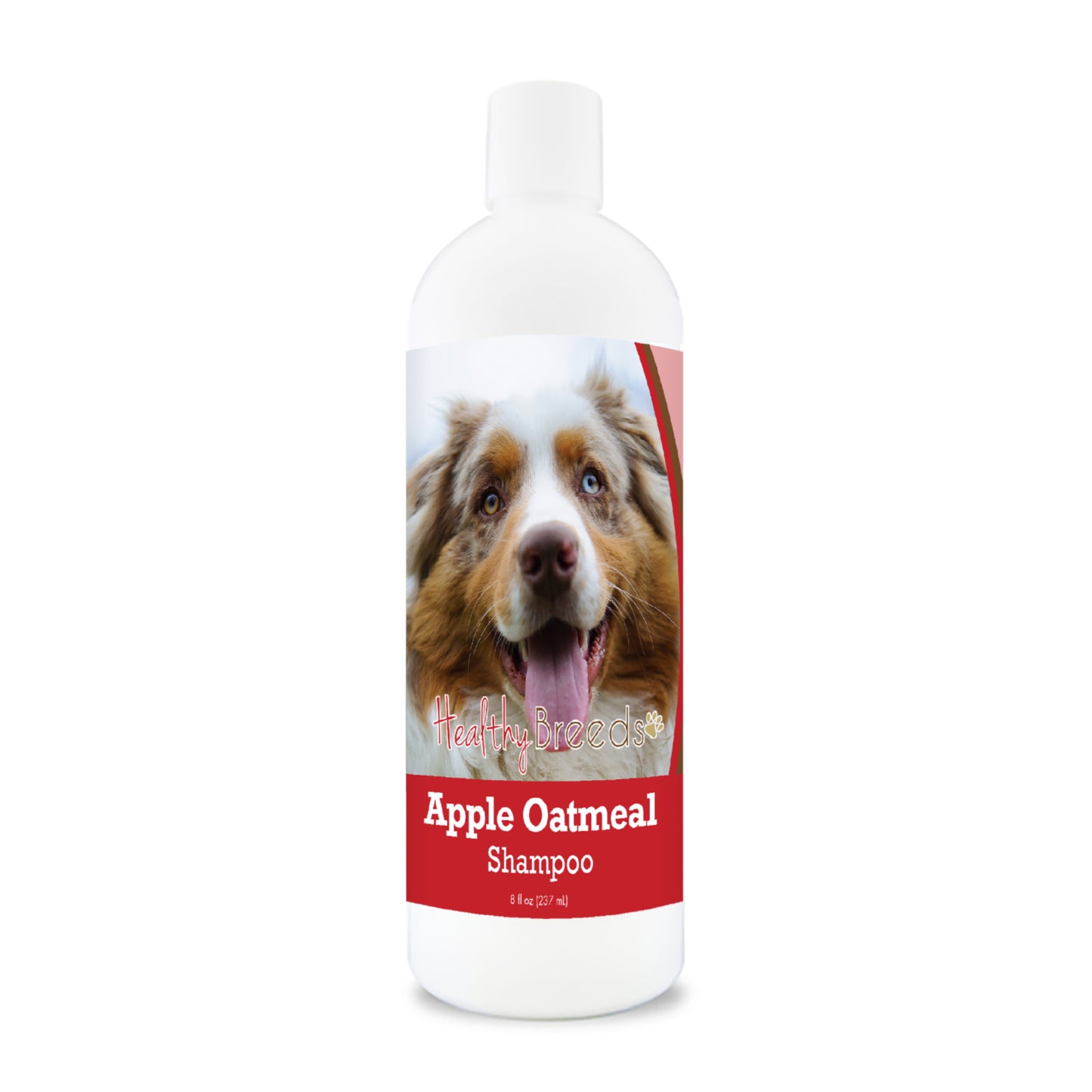 Bottle of apple oatmeal shampoo for dogs featuring specific dog breeds on each label.