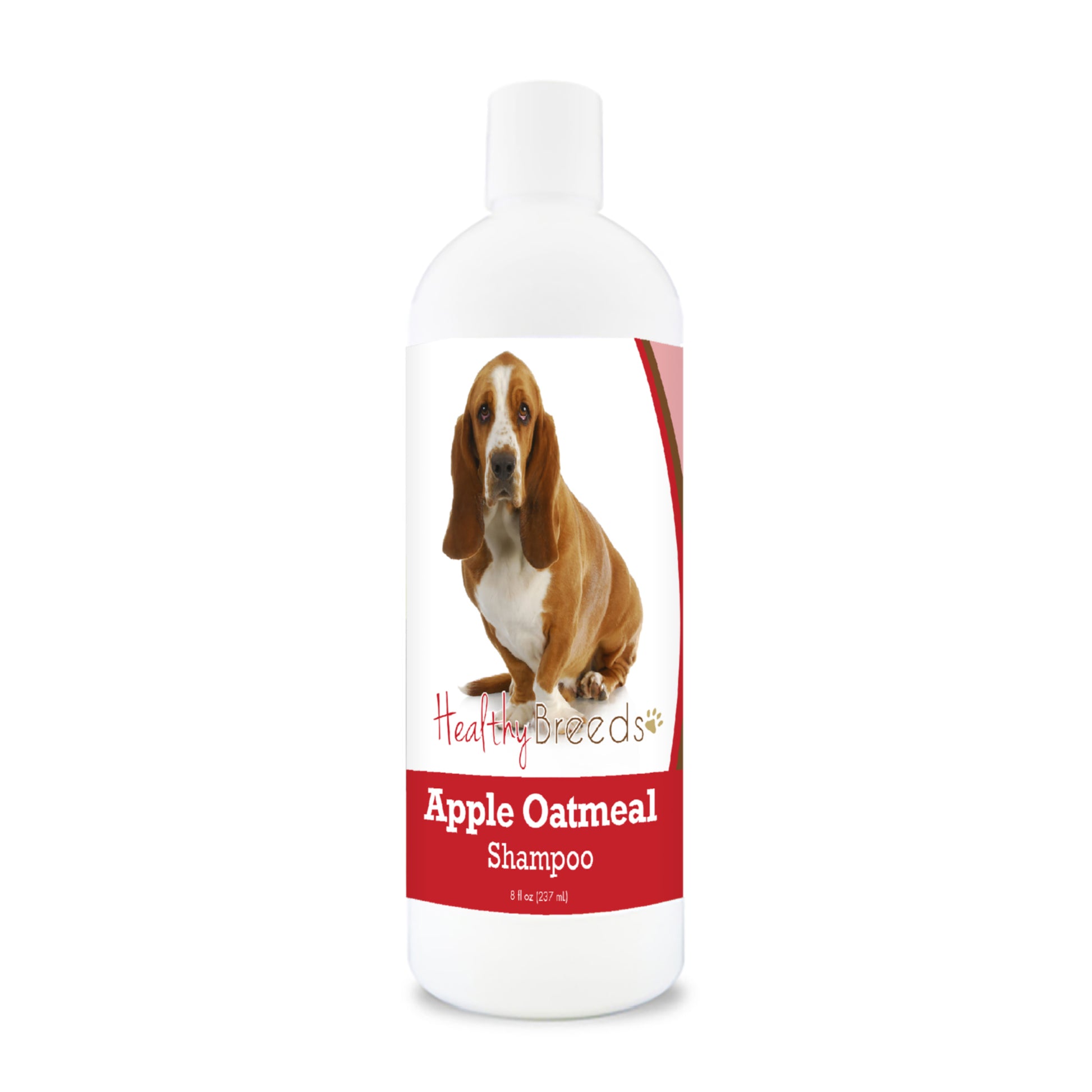 Bottle of apple oatmeal shampoo for dogs featuring a specific dog breed on each label.