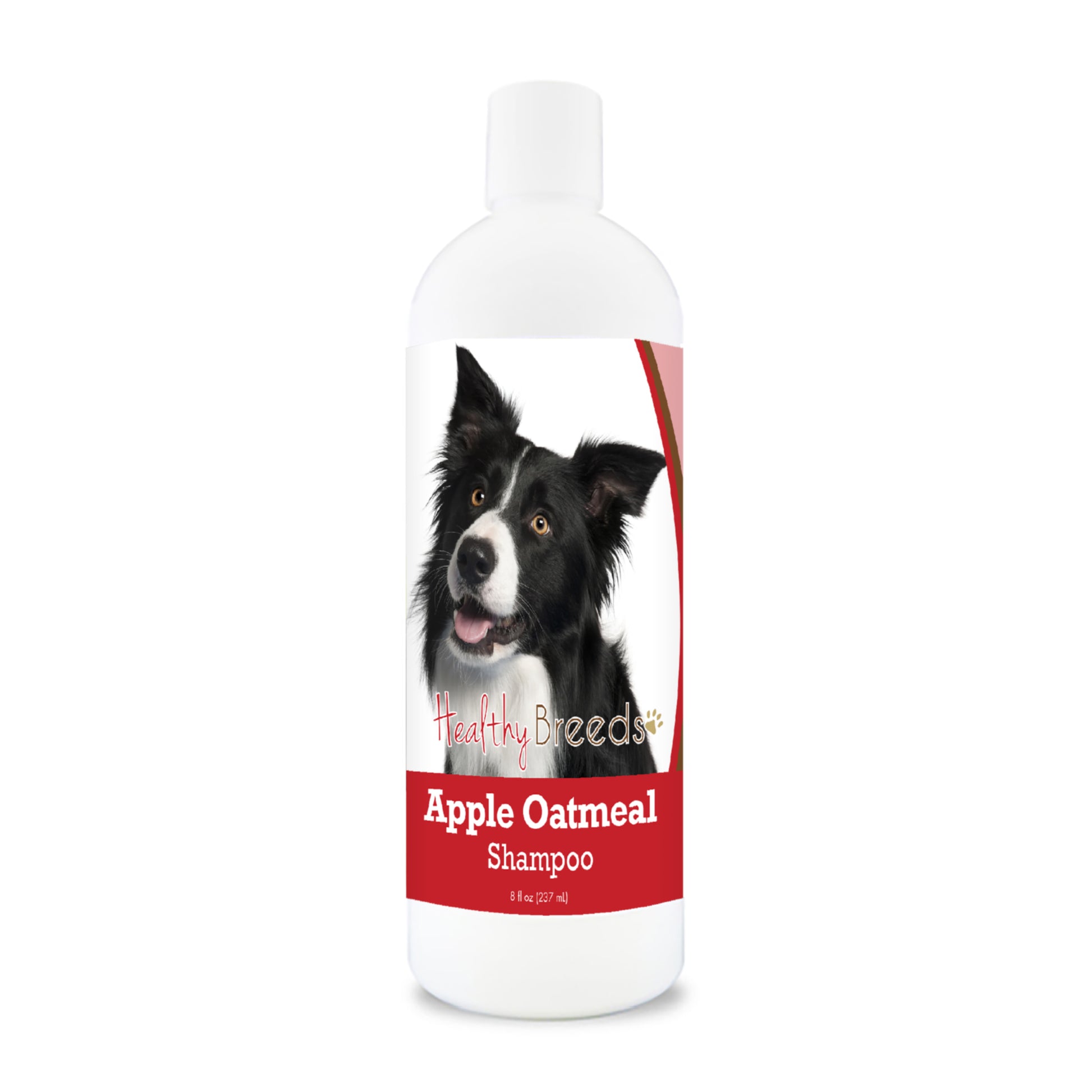 Bottle of apple oatmeal shampoo for dogs featuring a specific dog breed on each label.