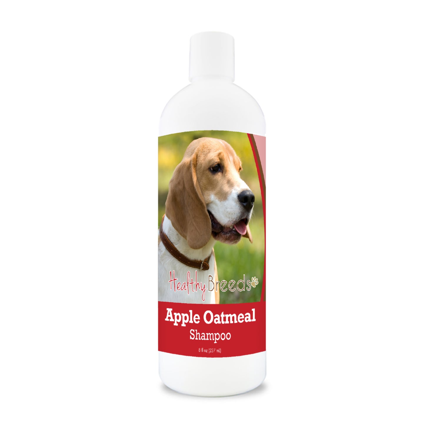 Bottle of apple oatmeal shampoo for dogs featuring specific dog breeds on each label.
