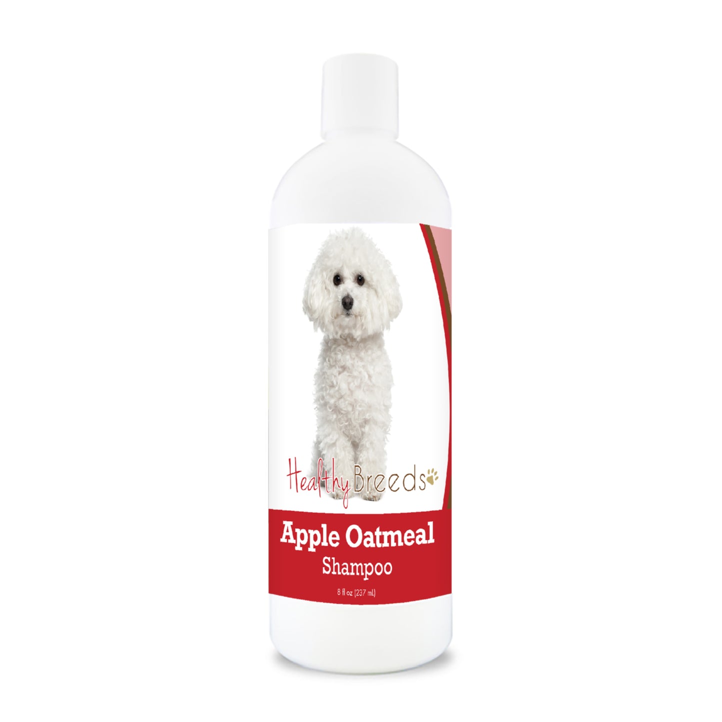 Bottle of apple oatmeal shampoo for dogs featuring a specific dog breed on each label.