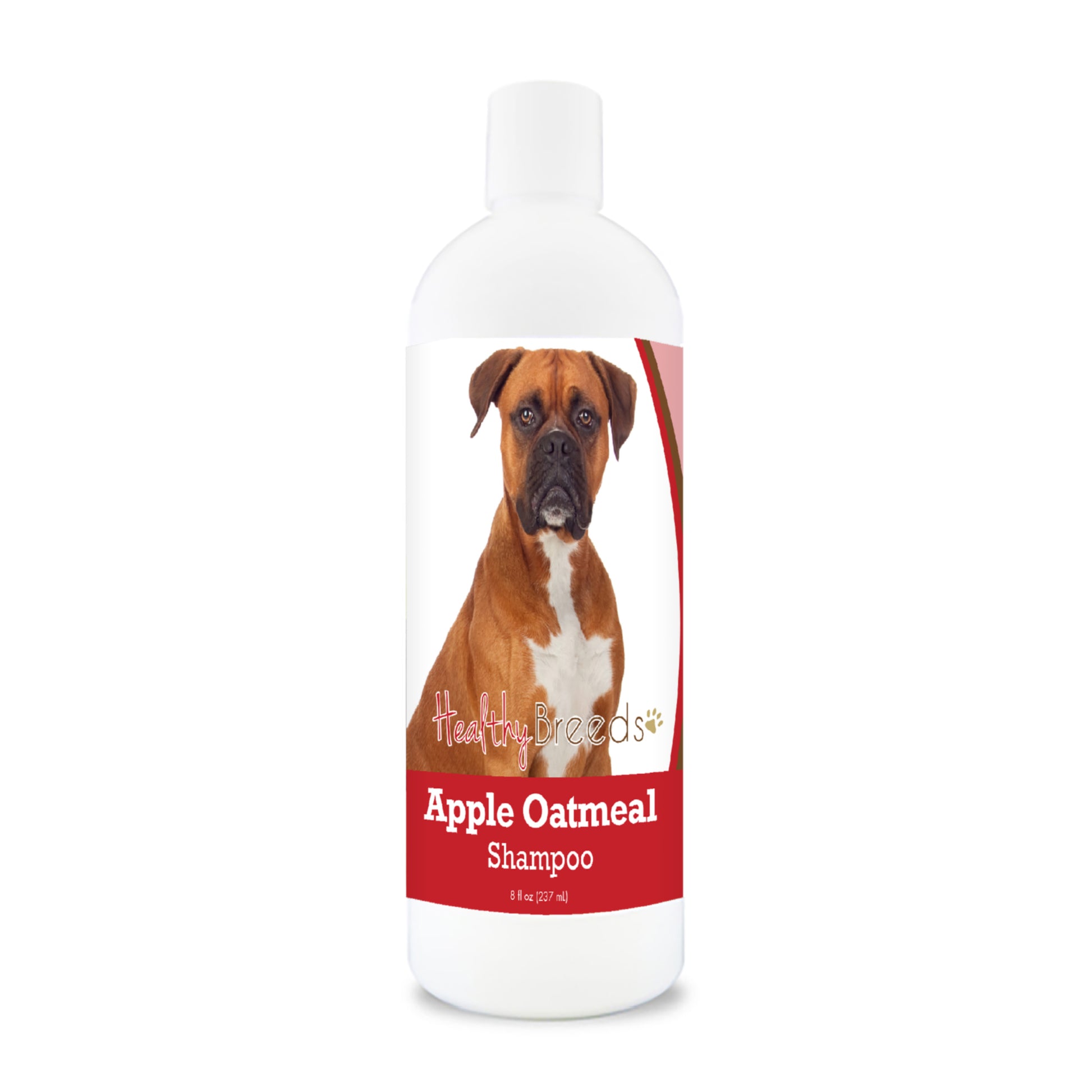 Bottle of apple oatmeal shampoo for dogs featuring specific dog breeds on each label.