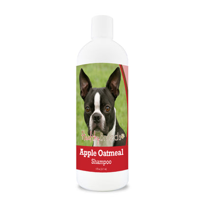 Bottle of apple oatmeal shampoo for dogs featuring a specific dog breed on each label.