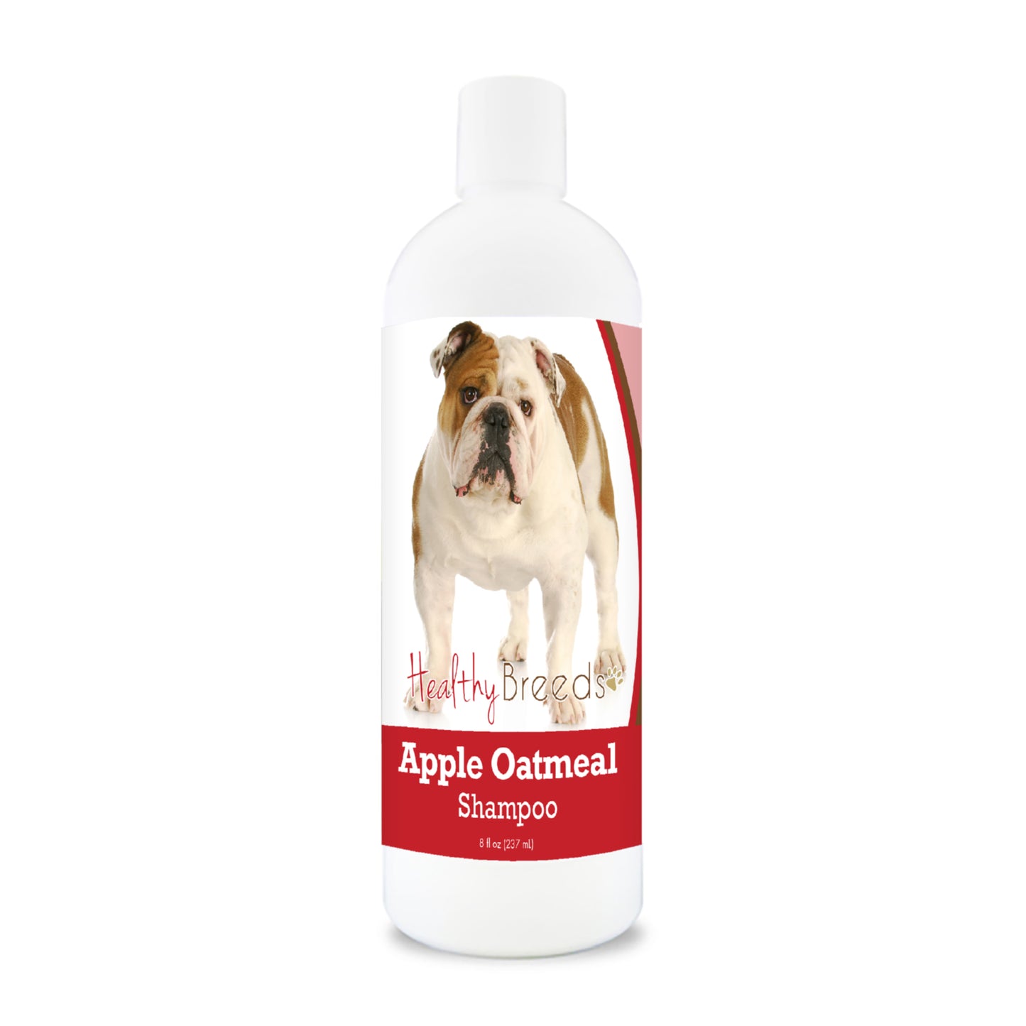 Bottle of apple oatmeal shampoo for dogs featuring specific dog breeds on each label.