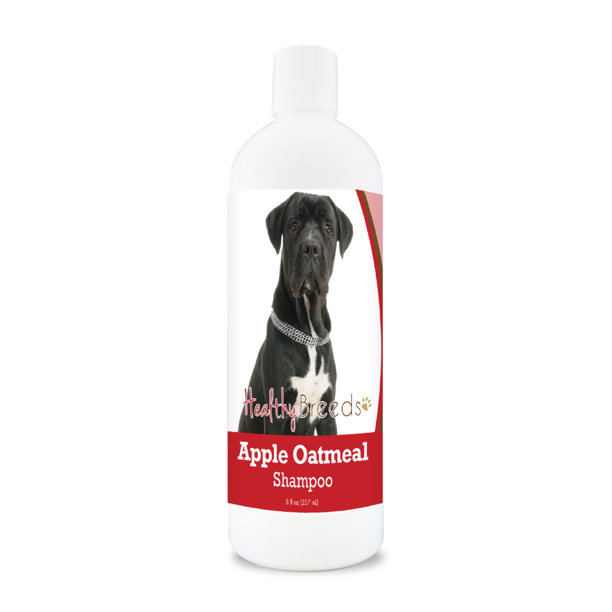 Bottle of apple oatmeal shampoo for dogs featuring a specific dog breed on each label.