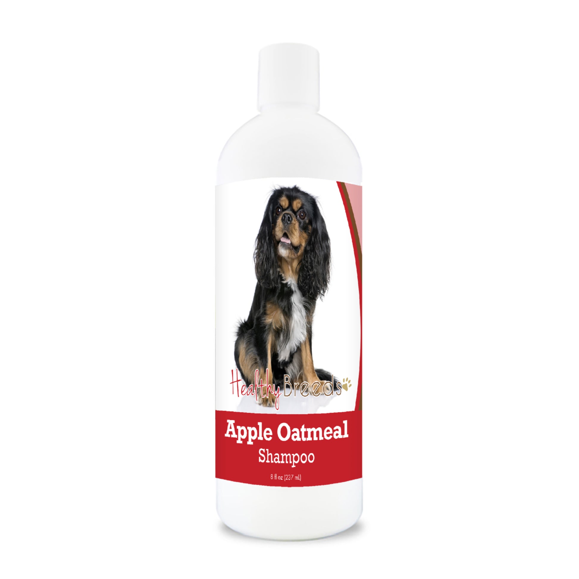 Bottle of apple oatmeal shampoo for dogs featuring a specific dog breed on each label.