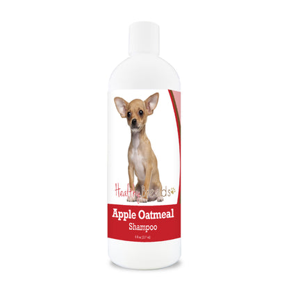 Bottle of apple oatmeal shampoo for dogs featuring a specific dog breed on each label.