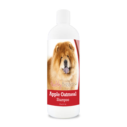 Bottle of apple oatmeal shampoo for dogs featuring a specific dog breed on each label.