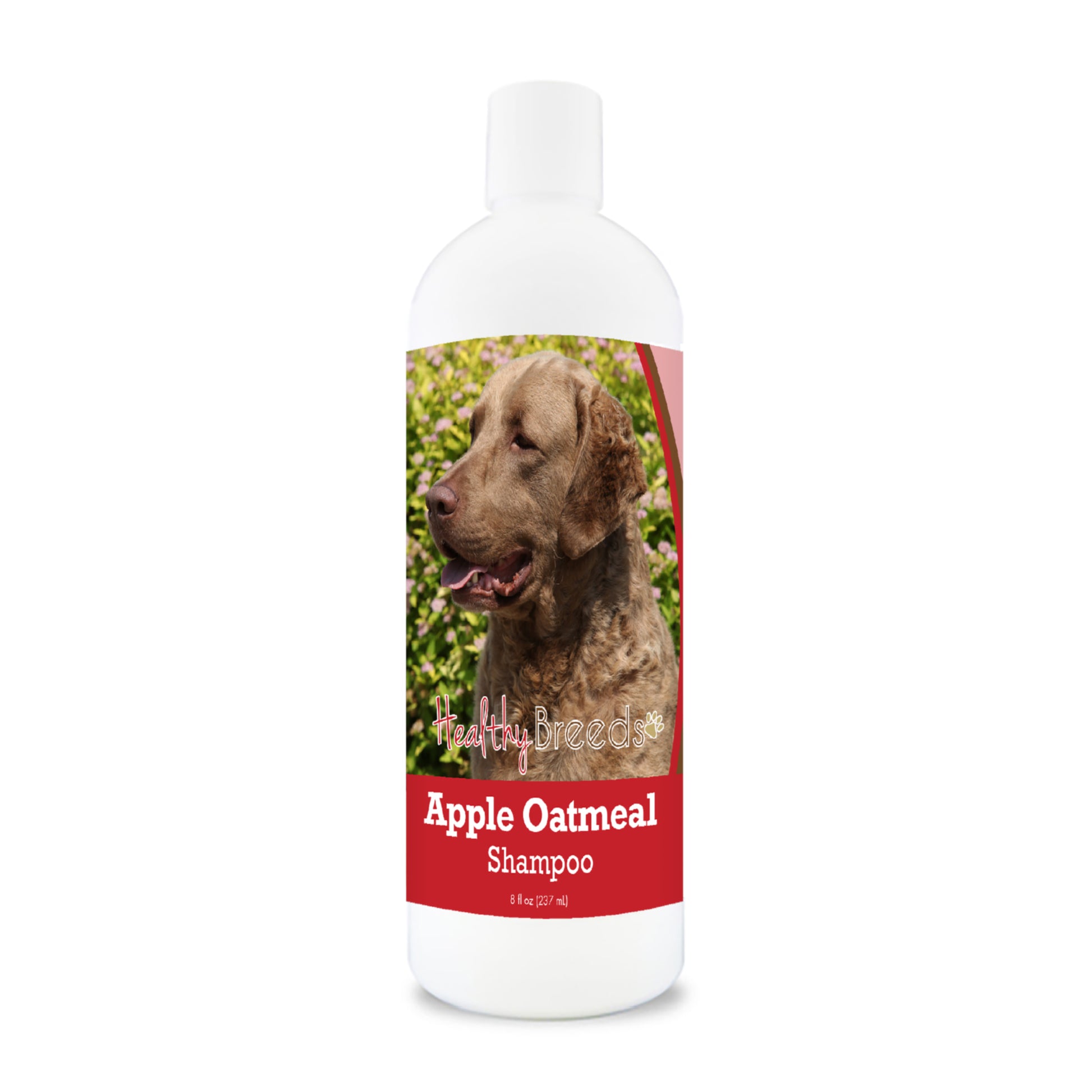 Bottle of apple oatmeal shampoo for dogs featuring a specific dog breed on each label.