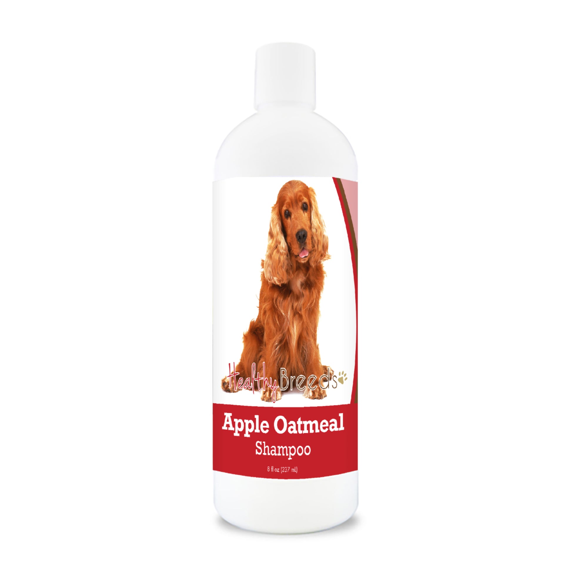 Bottle of apple oatmeal shampoo for dogs featuring a specific dog breed on each label.