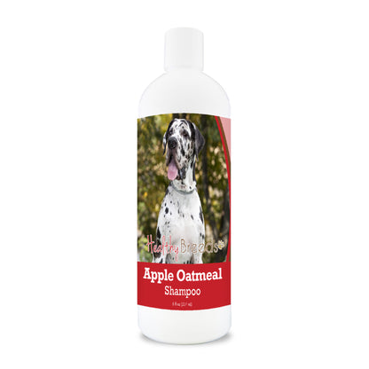 Bottle of apple oatmeal shampoo for dogs featuring a specific dog breed on each label.