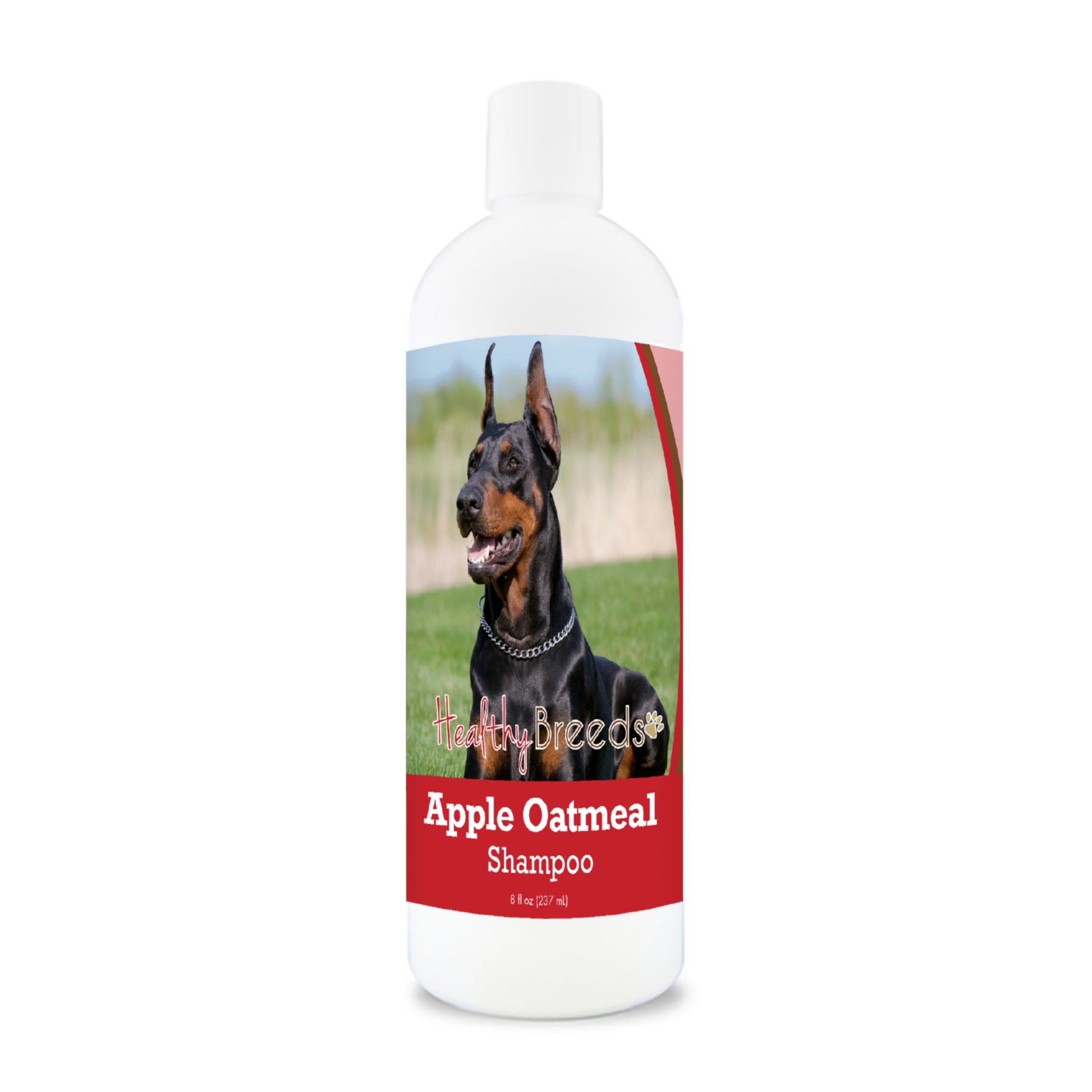Bottle of apple oatmeal shampoo for dogs featuring a specific dog breed on each label.