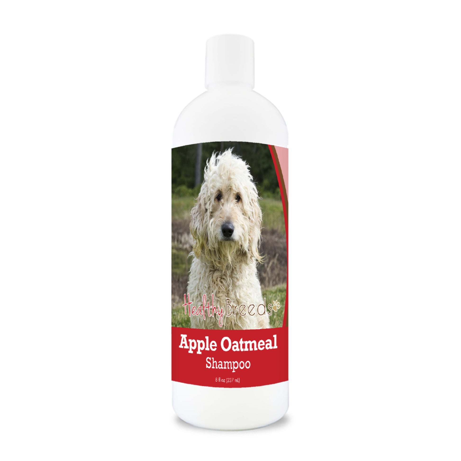 Bottle of apple oatmeal shampoo for dogs featuring a specific dog breed on each label.