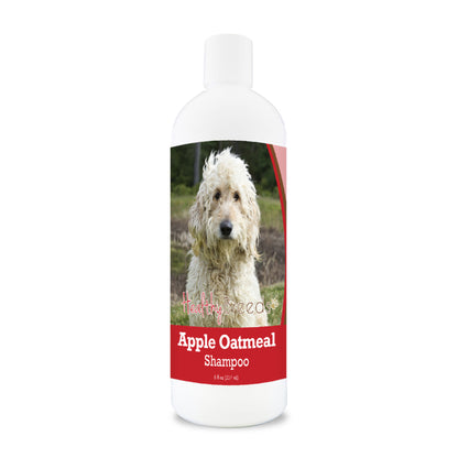 Bottle of apple oatmeal shampoo for dogs featuring a specific dog breed on each label.
