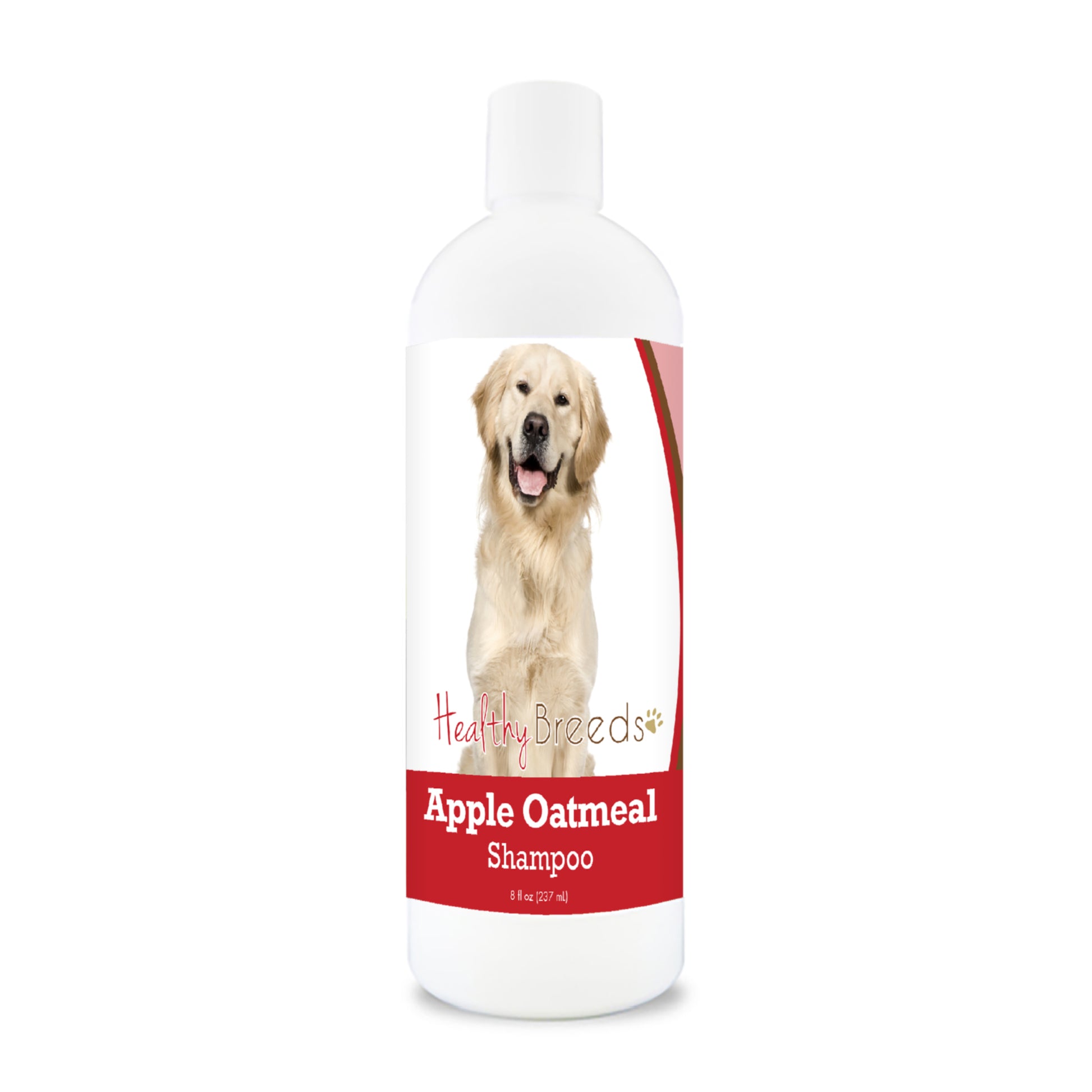 Bottle of apple oatmeal shampoo for dogs featuring a golden retriever on the label.
