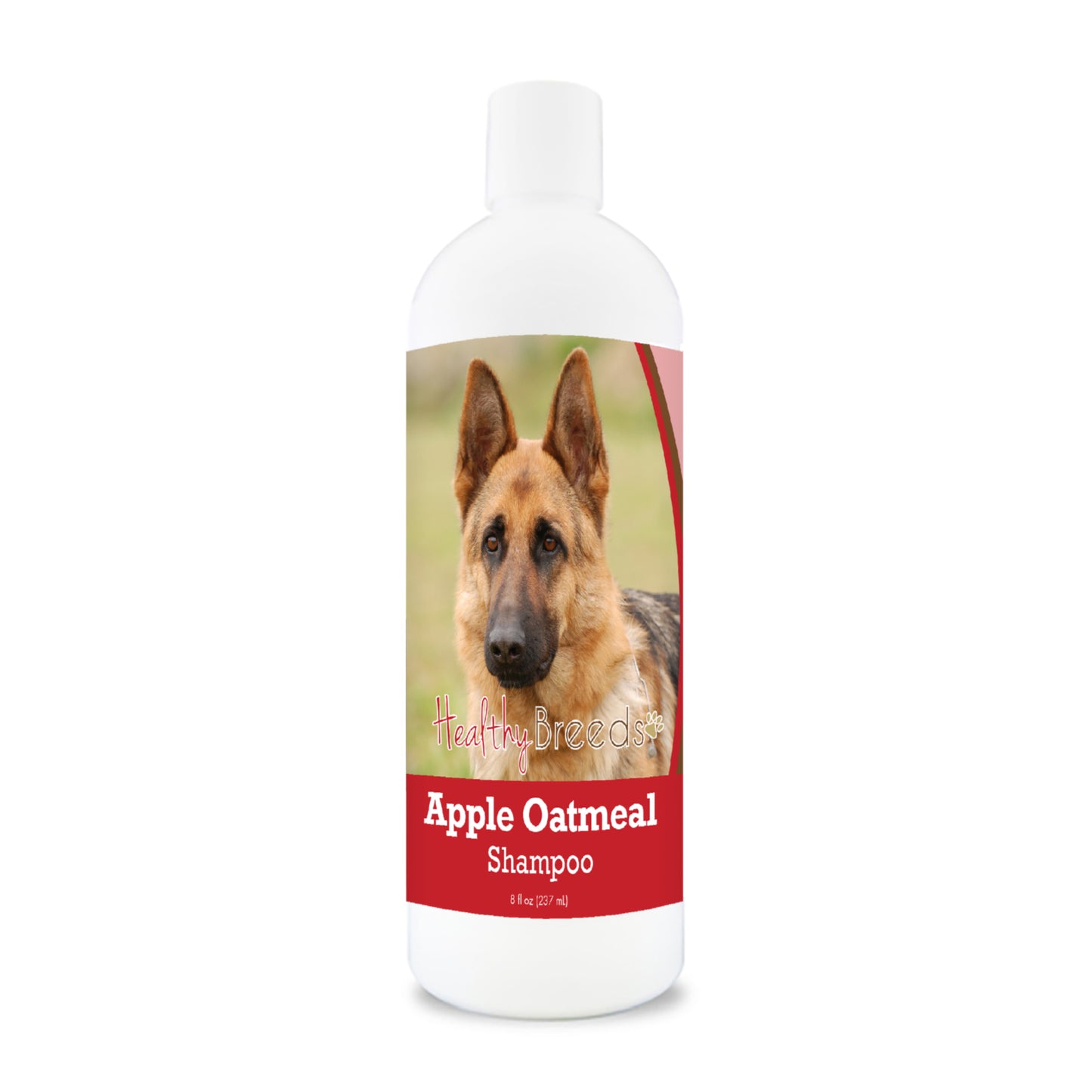 Bottle of apple oatmeal shampoo for dogs featuring a german shepherd on the label.