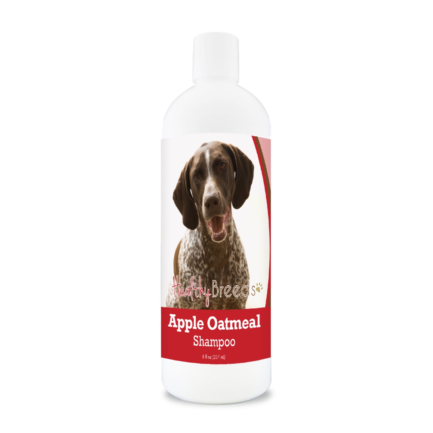 Bottle of apple oatmeal shampoo for dogs featuring specific dog breeds on each label.