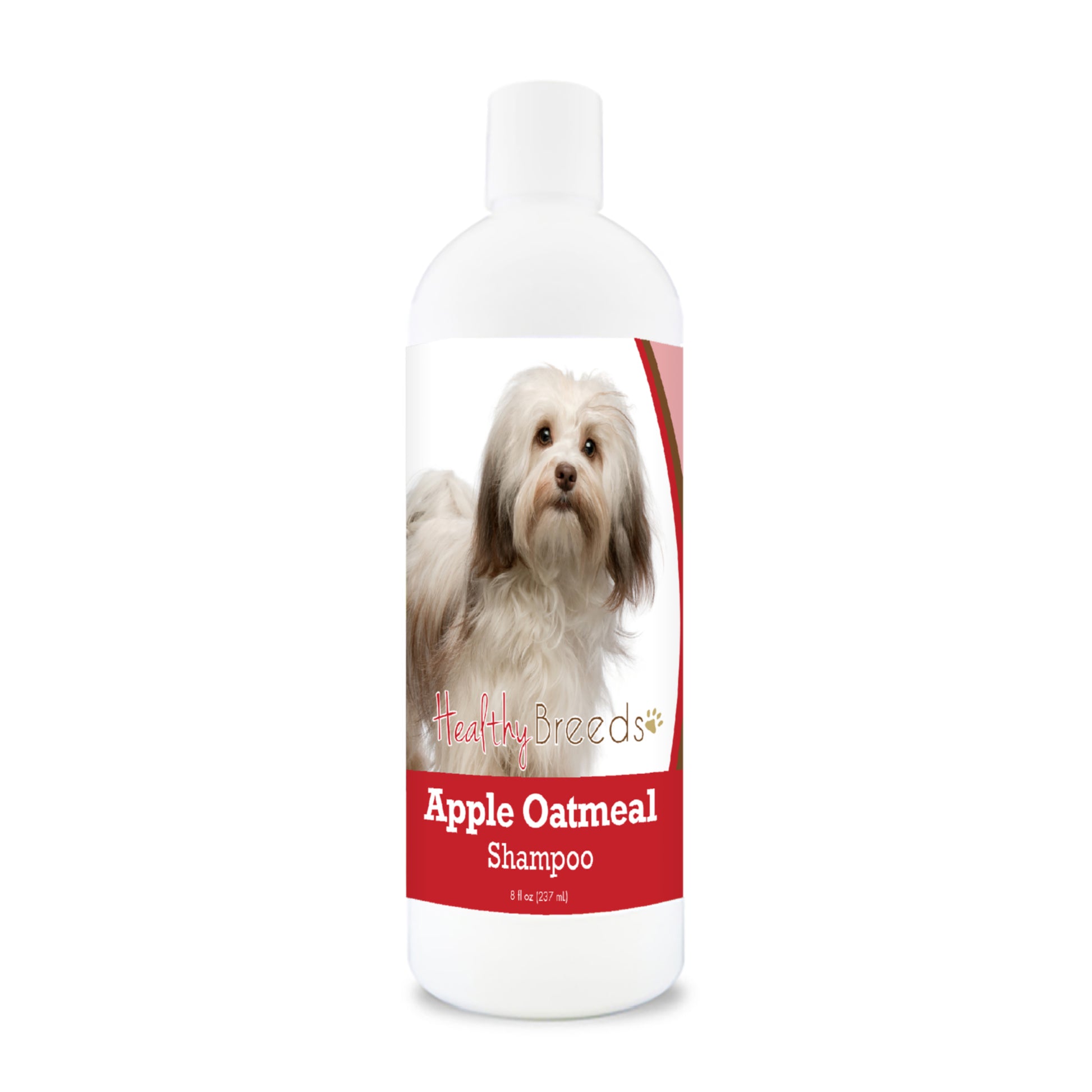 Bottle of apple oatmeal shampoo for dogs featuring a specific dog breed on each label.