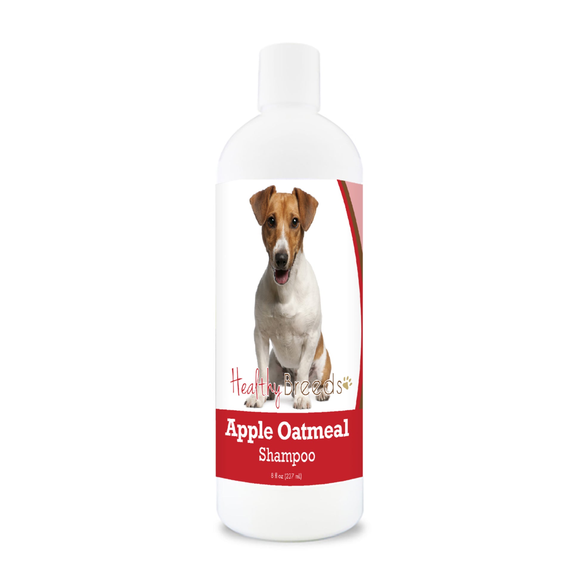 Bottle of apple oatmeal shampoo for dogs featuring a specific dog breed on each label.