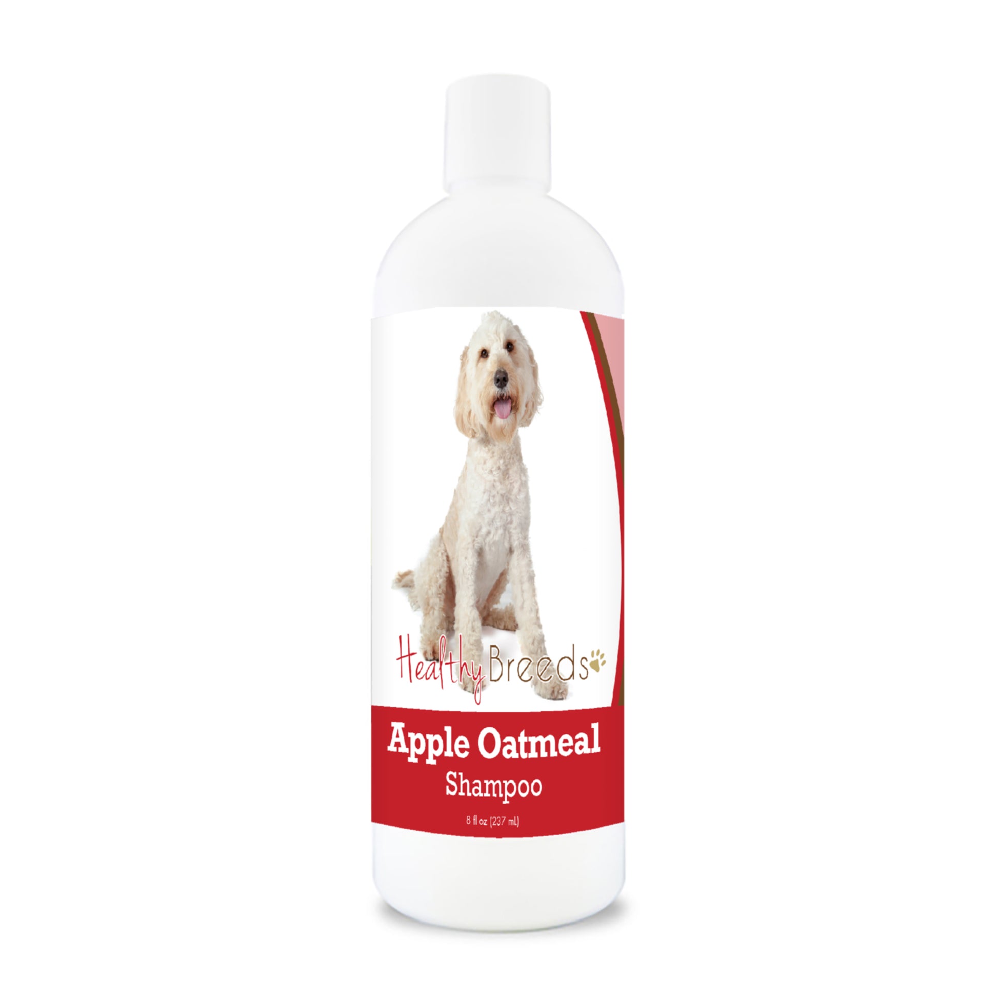 Bottle of apple oatmeal shampoo for dogs featuring a specific dog breed on each label.
