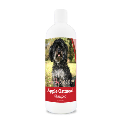 Bottle of apple oatmeal shampoo for dogs featuring a specific dog breed on each label.