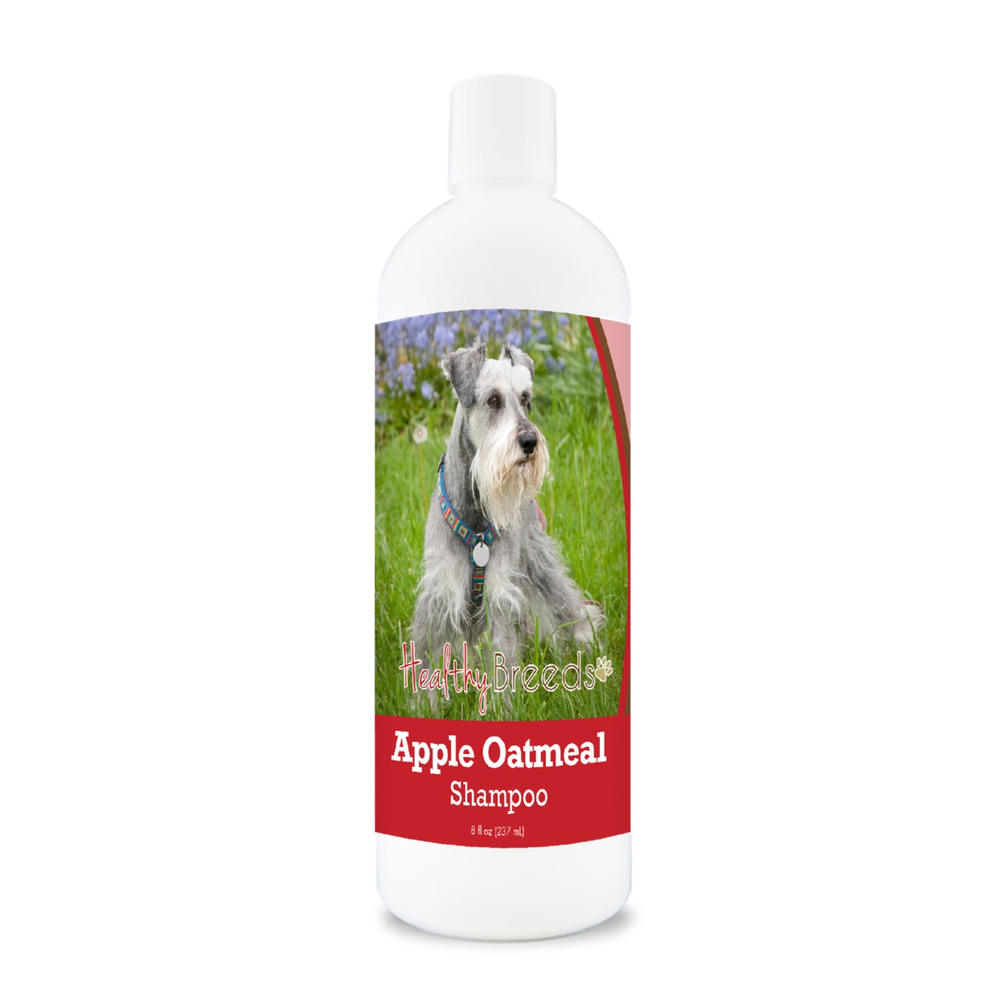 Bottle of apple oatmeal shampoo for dogs featuring a specific dog breed on each label.