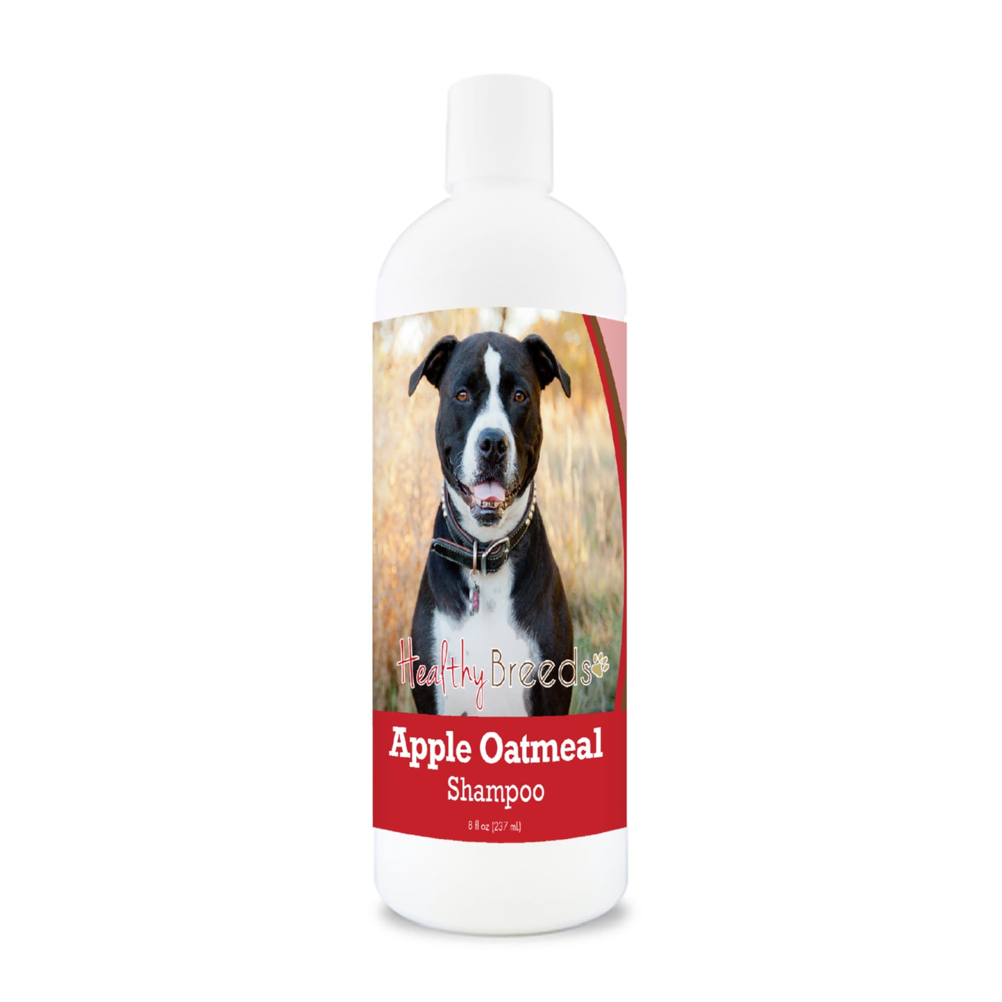 Bottle of apple oatmeal shampoo for dogs featuring a specific dog breed on each label.