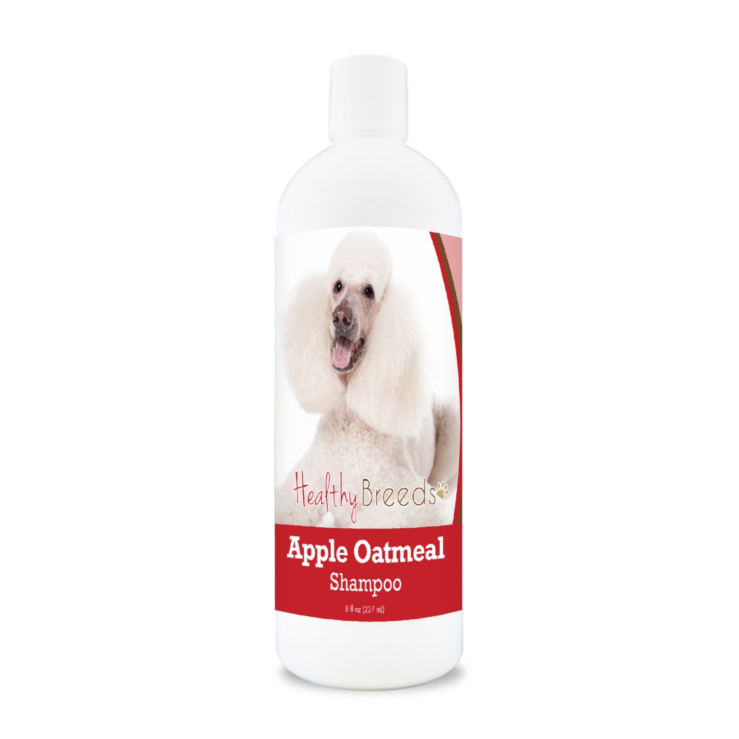 Bottle of apple oatmeal shampoo for dogs featuring specific dog breeds on each label.