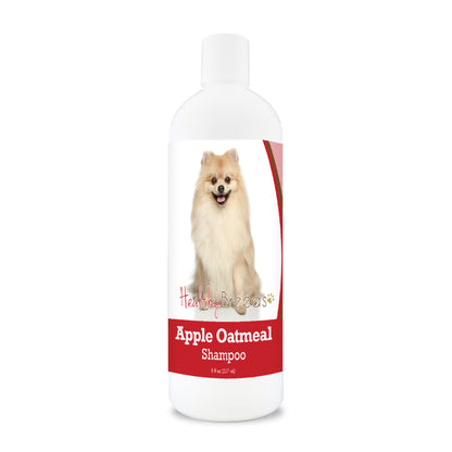 Bottle of apple oatmeal shampoo for dogs featuring a specific dog breed on each label.