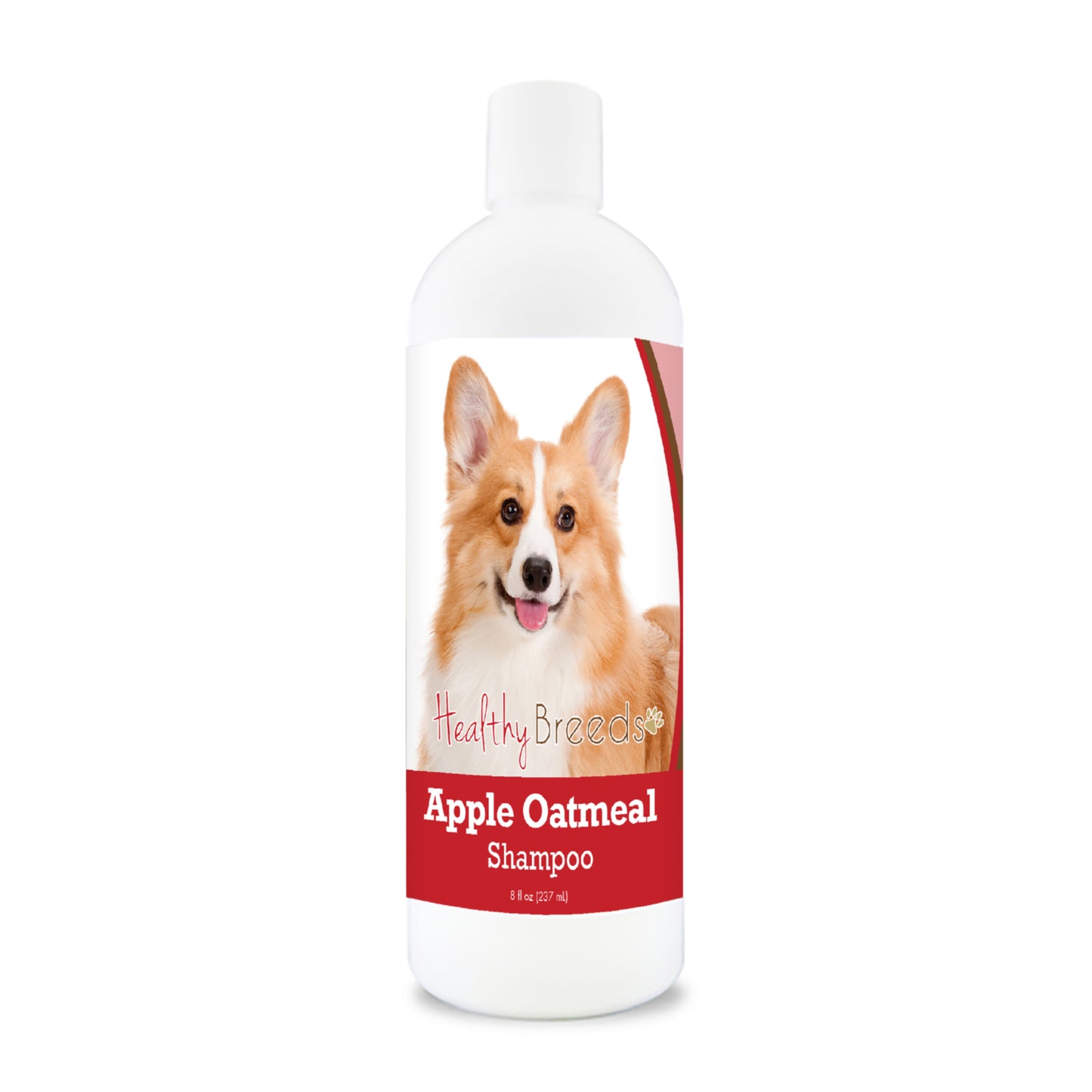 Bottle of apple oatmeal shampoo for dogs featuring specific dog breeds on each label.
