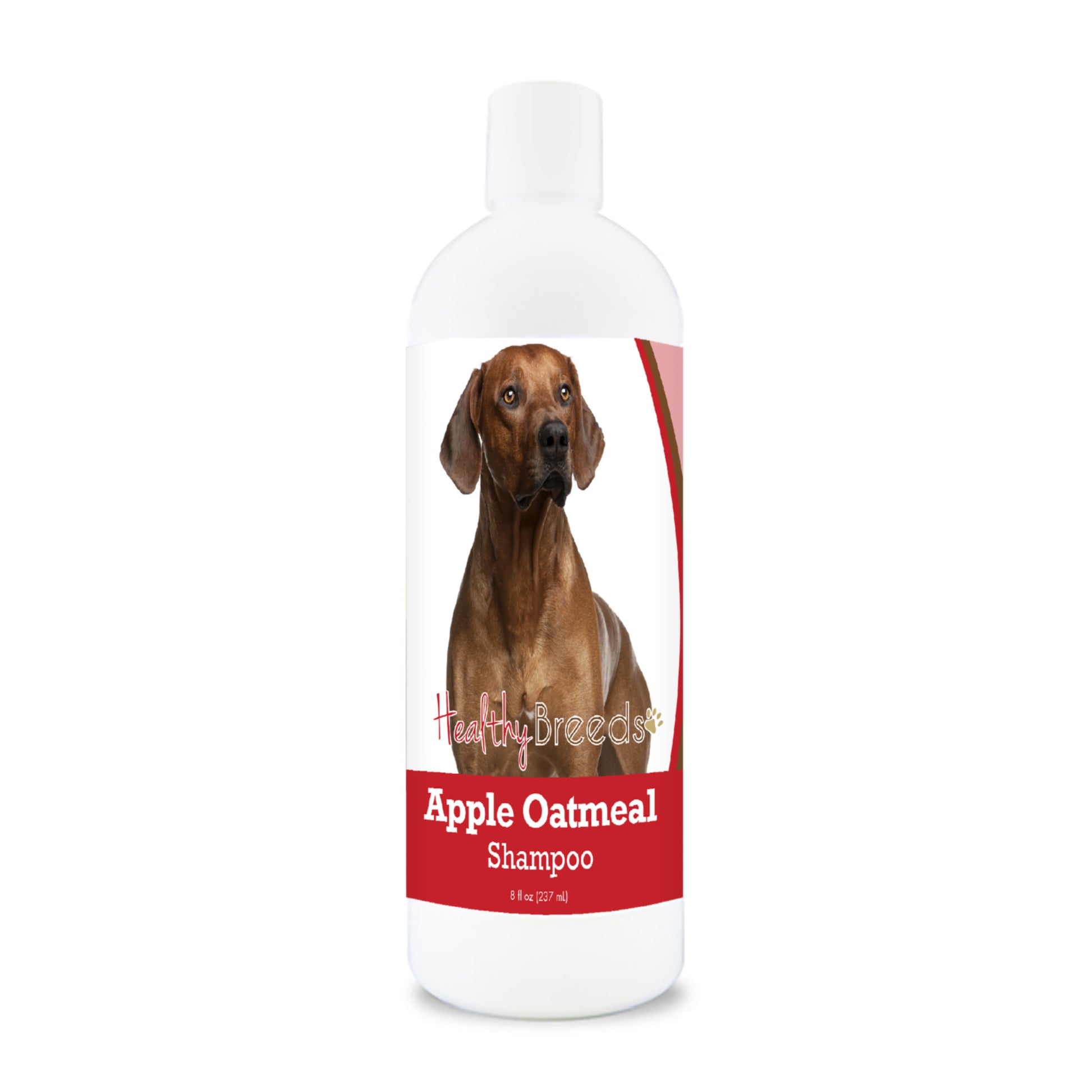 Bottle of apple oatmeal shampoo for dogs featuring a specific dog breed on each label.
