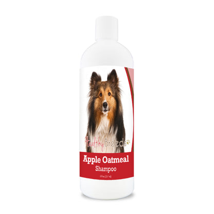 Bottle of apple oatmeal shampoo for dogs featuring a specific dog breed on each label.