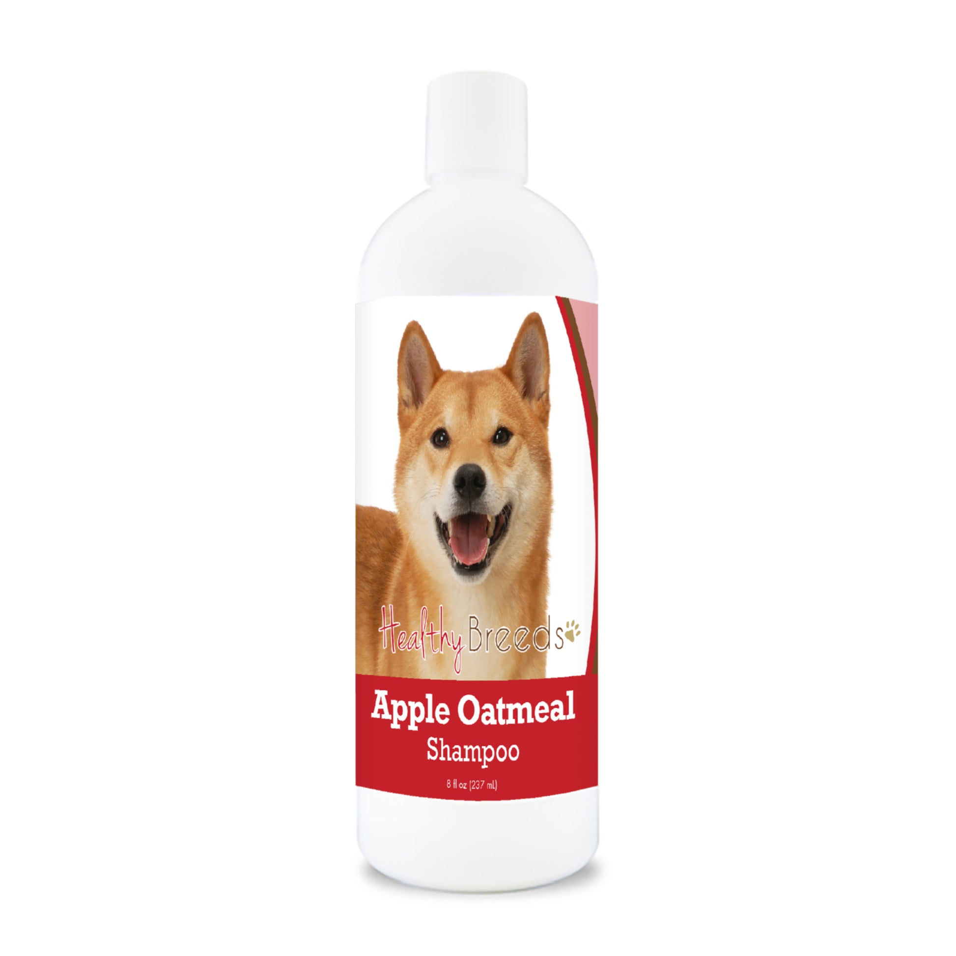 Bottle of apple oatmeal shampoo for dogs featuring a specific dog breed on each label.