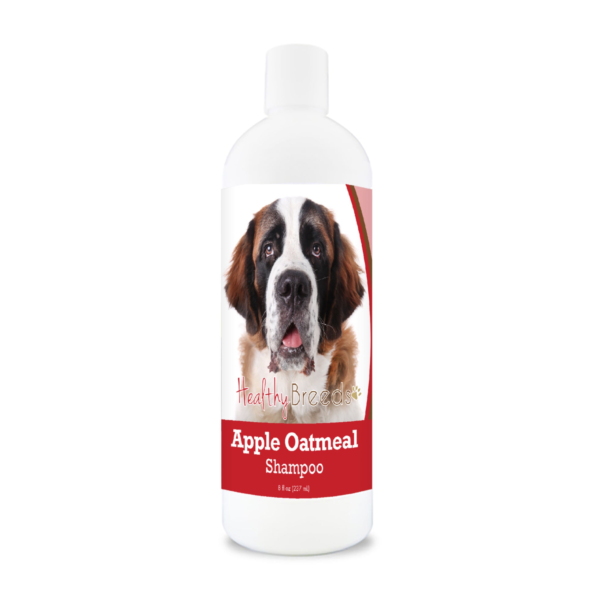 Bottle of apple oatmeal shampoo for dogs featuring a specific dog breed on each label.
