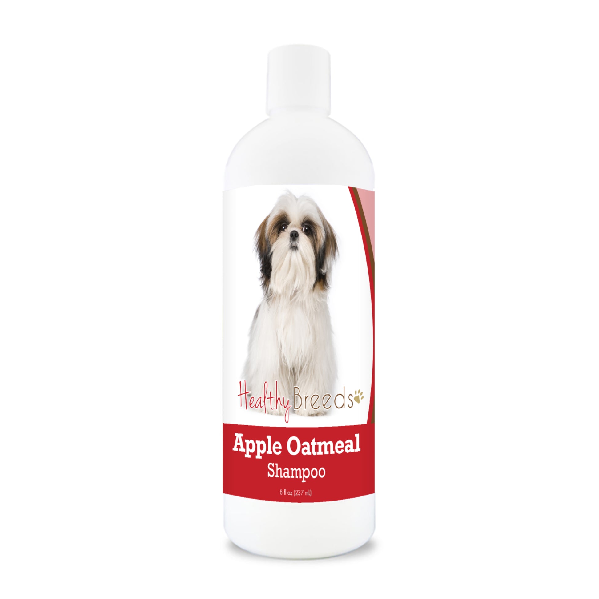 Bottle of apple oatmeal shampoo for dogs featuring a specific dog breed on each label.