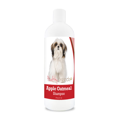 Bottle of apple oatmeal shampoo for dogs featuring a specific dog breed on each label.