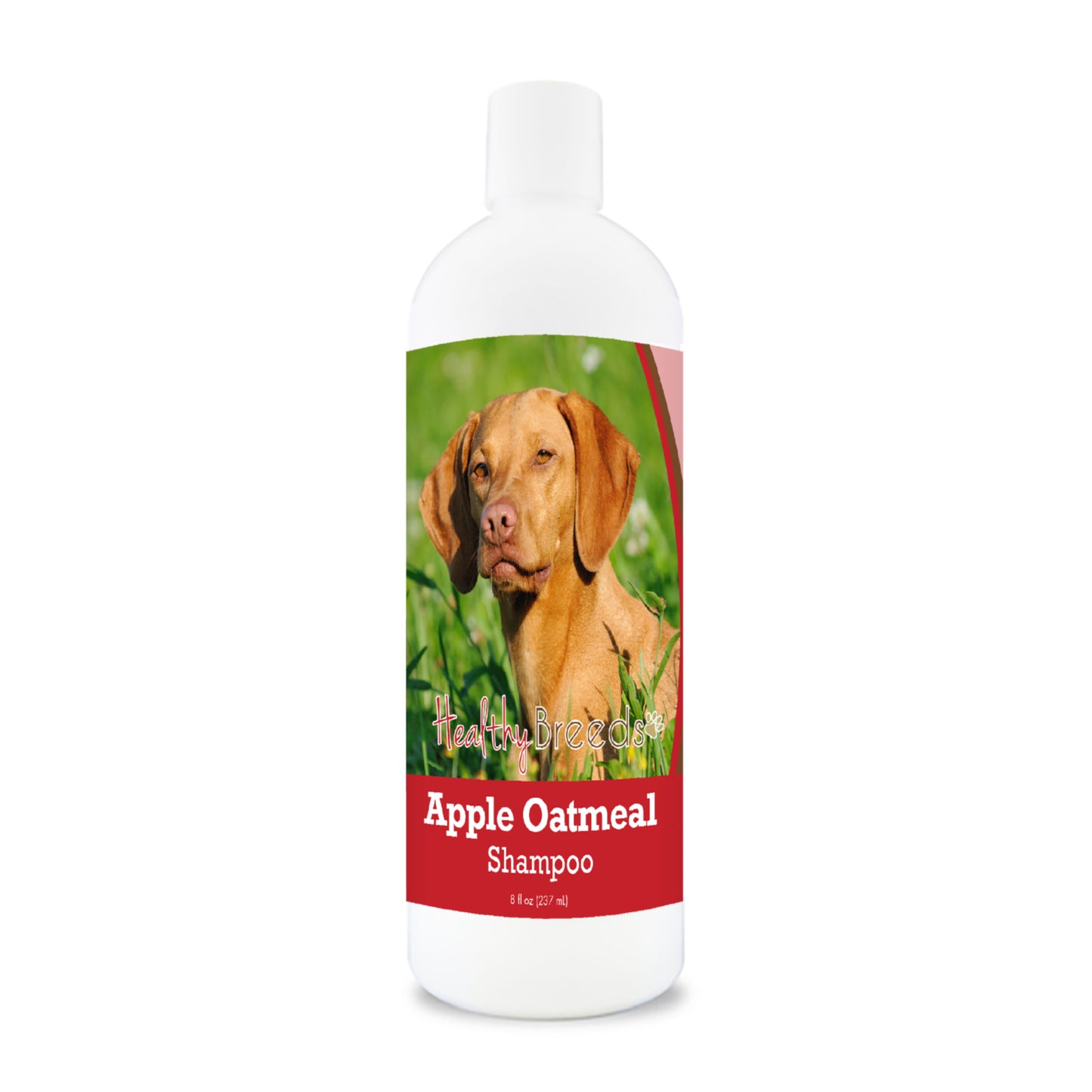 Bottle of apple oatmeal shampoo for dogs featuring a specific dog breed on each label.