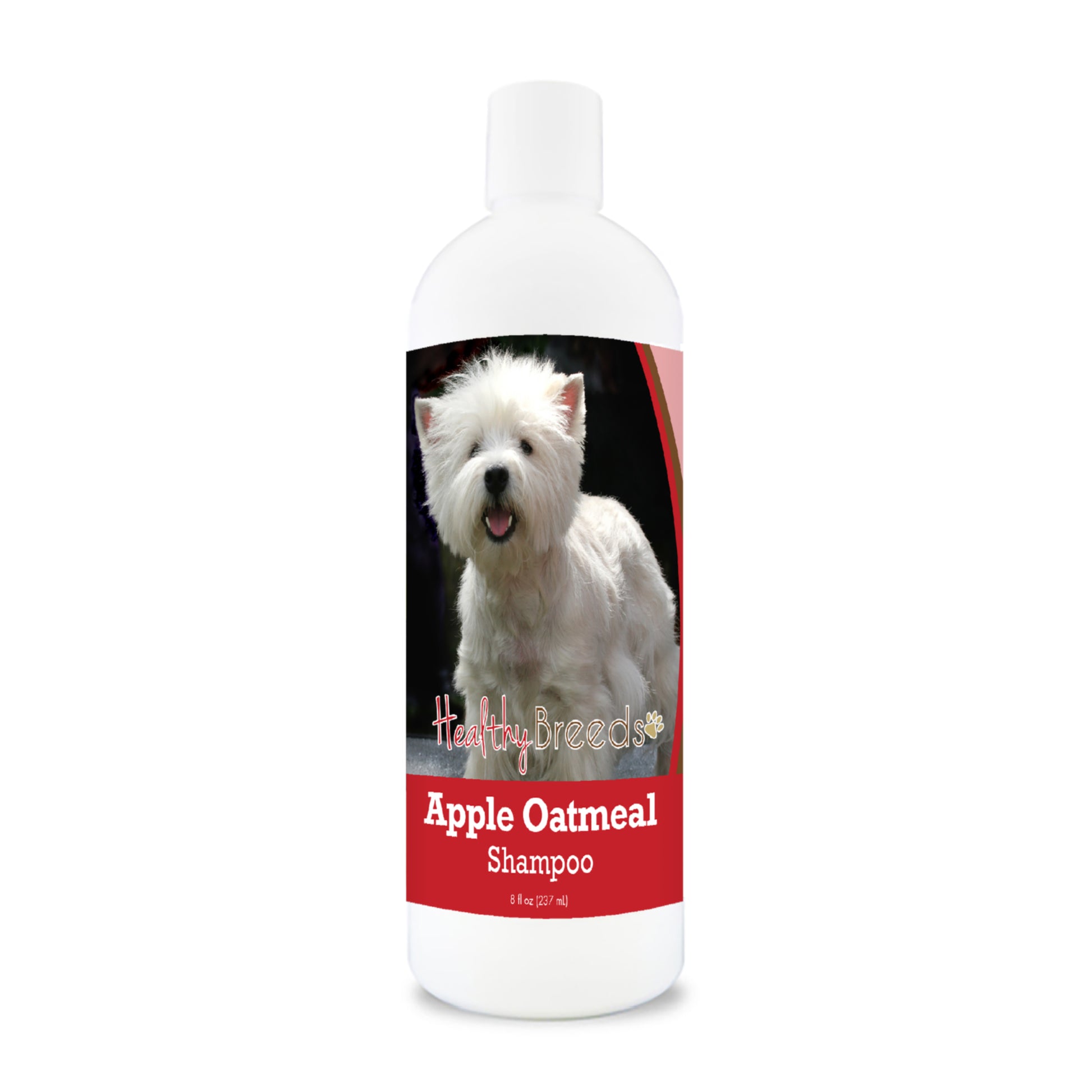 Bottle of apple oatmeal shampoo for dogs featuring a specific dog breed on each label.