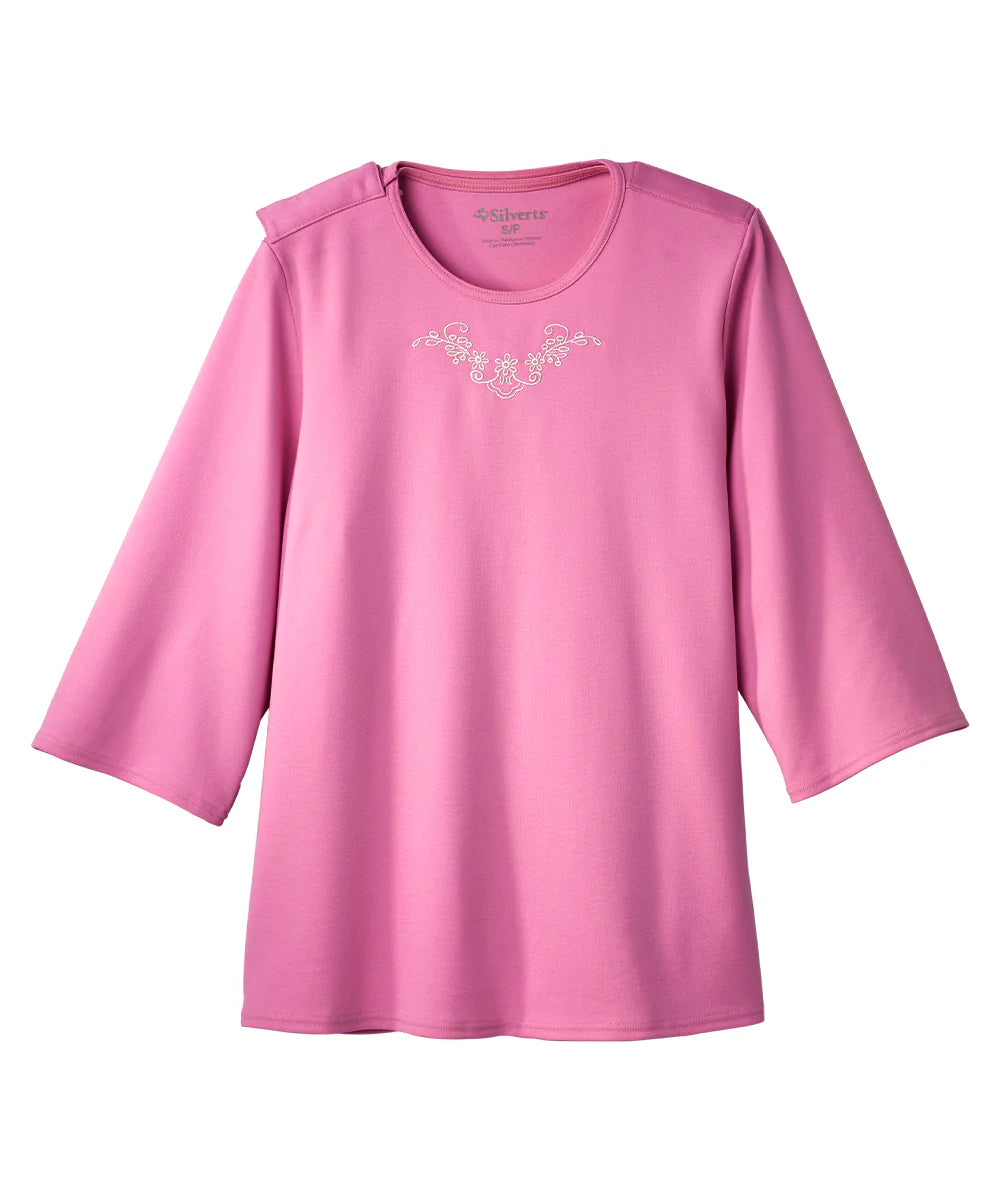 Women's Open Back 3/4 Length Sleeve Top with Embroidery
