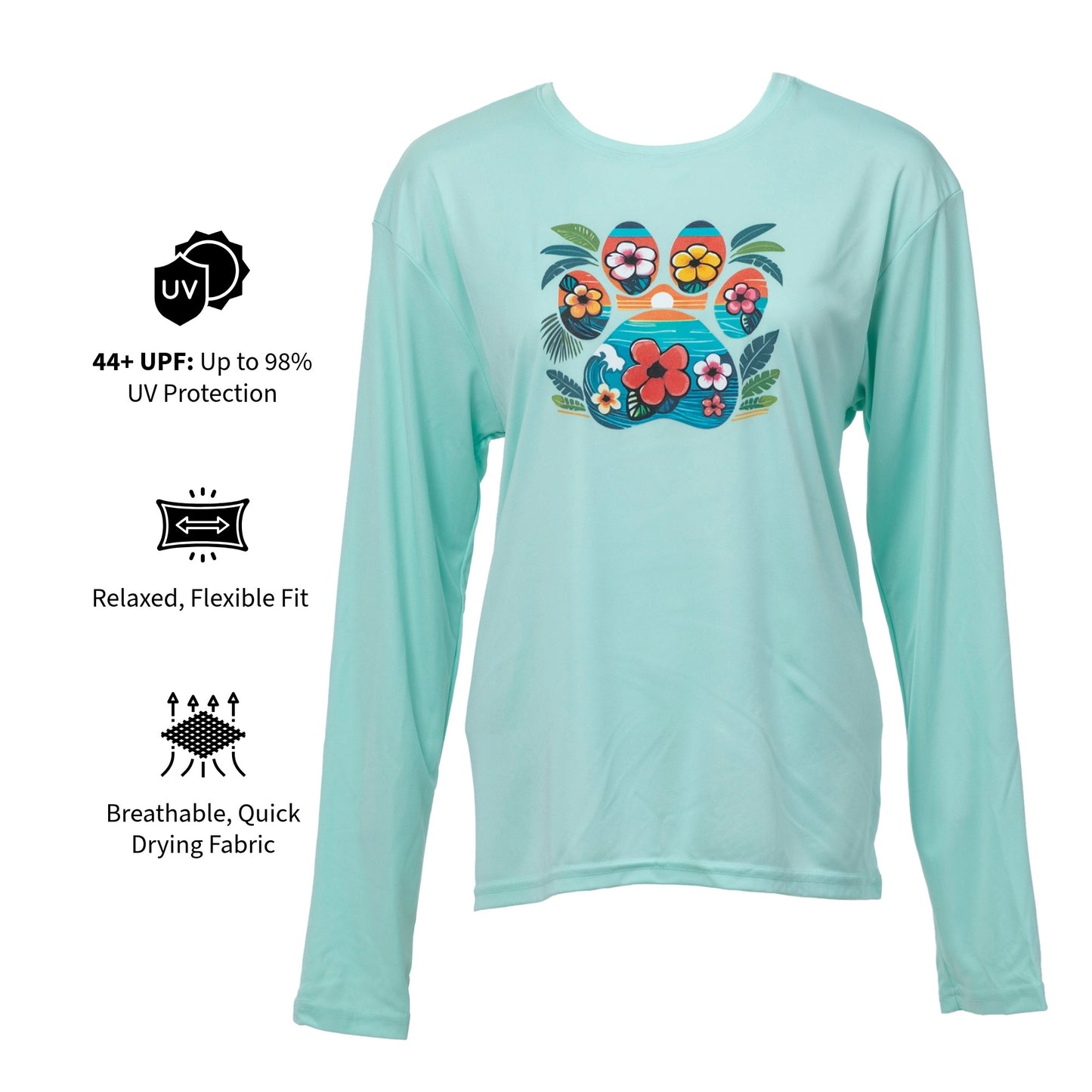 A mint green long-sleeve sun shirt with a colorful floral graphic on the chest, displayed on a white background with feature icons and text highlighting UV protection, flexible fit, and quick drying fabric.