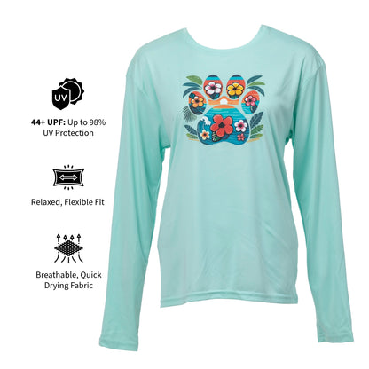 A mint green long-sleeve sun shirt with a colorful floral graphic on the chest, displayed on a white background with feature icons and text highlighting UV protection, flexible fit, and quick drying fabric.
