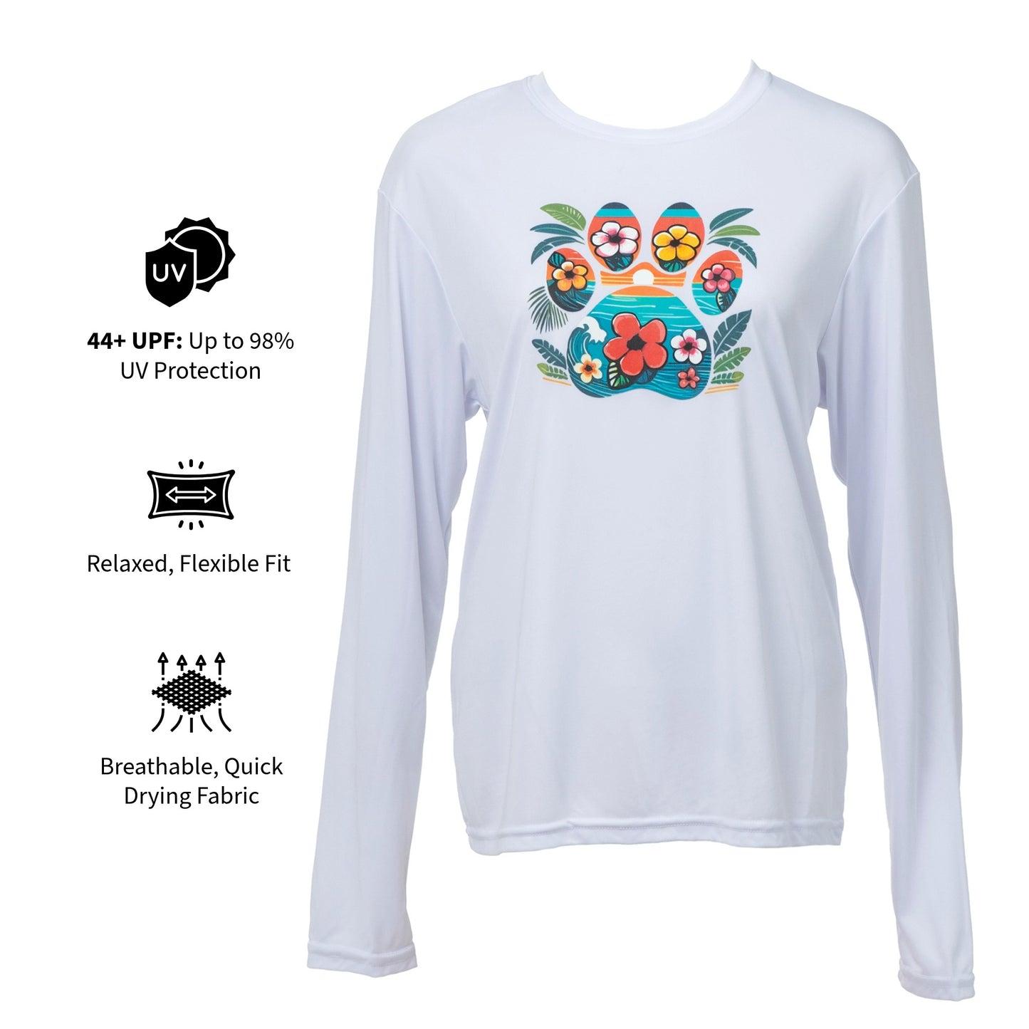 White long-sleeve shirt with a colorful tropical tiki paw graphic on the chest, shown on a white background with feature callout icons on the left.
