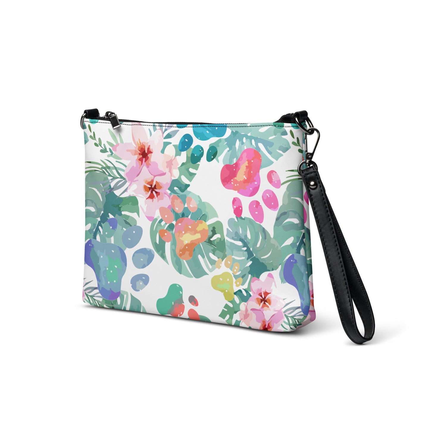 Floral patterned pouch with a black wrist strap on a white background